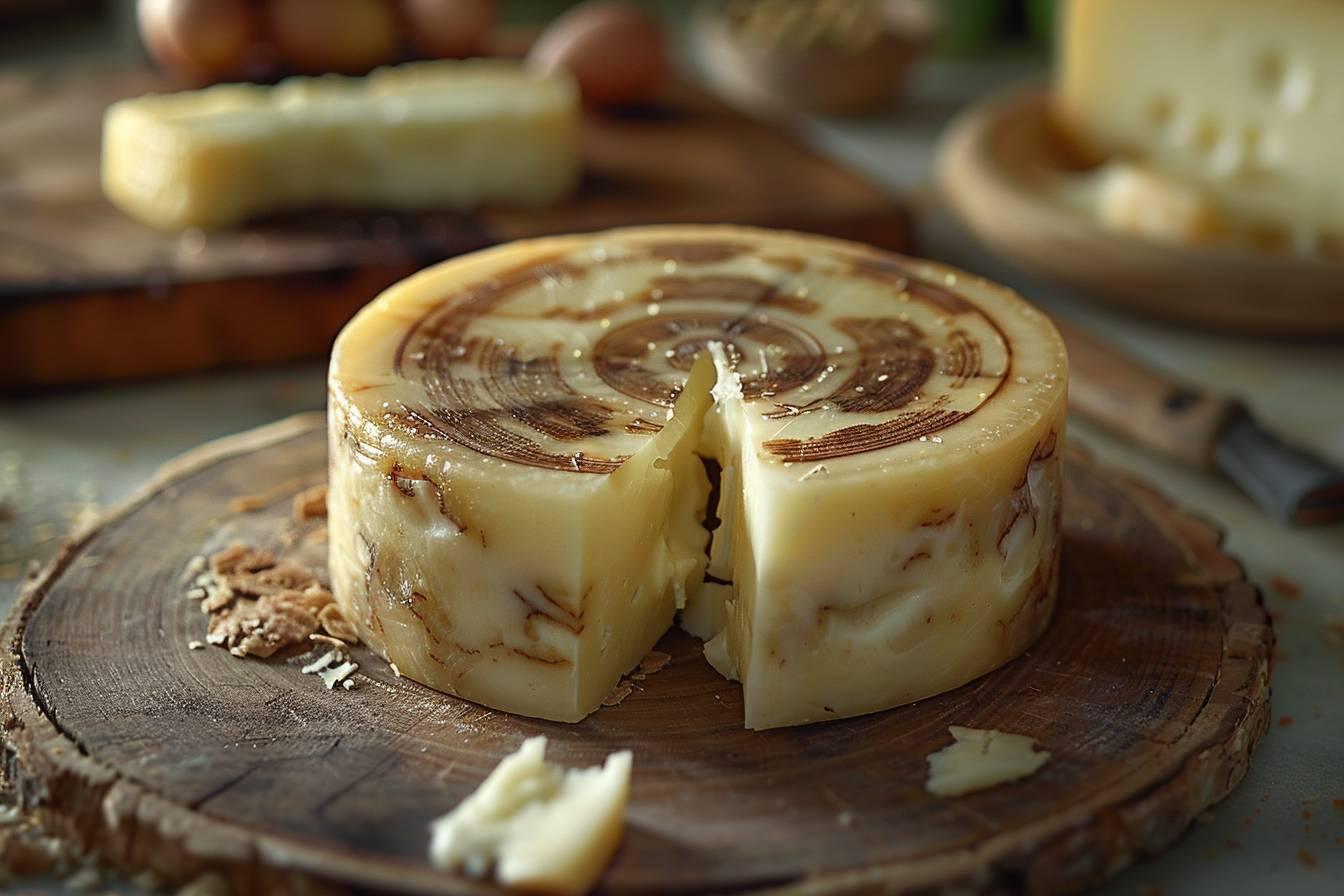Gros plan sur un fromage affiné sur un support en bois