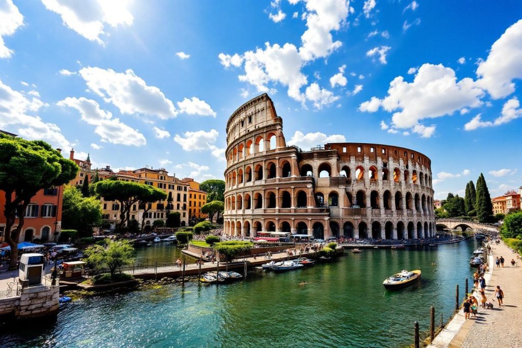 Monument antique surplombant un canal verdoyant sous un ciel bleu