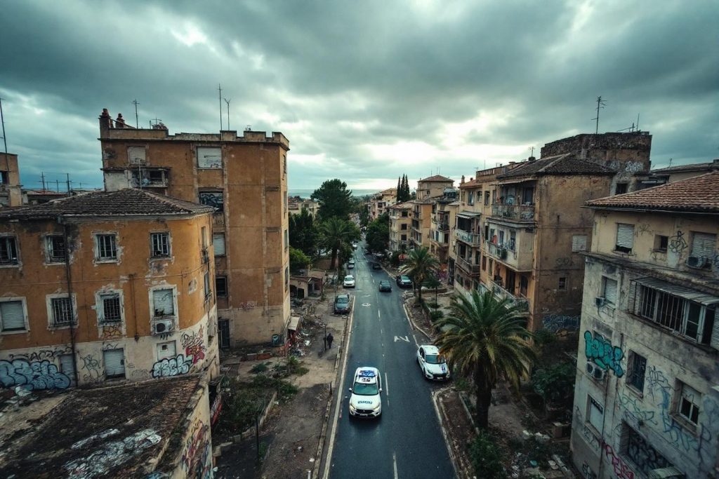 Vue d'une rue entre immeubles anciens avec voitures
