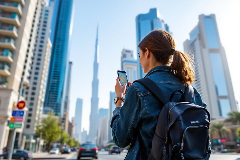 Femme de dos avec sac à dos utilisant un smartphone en ville