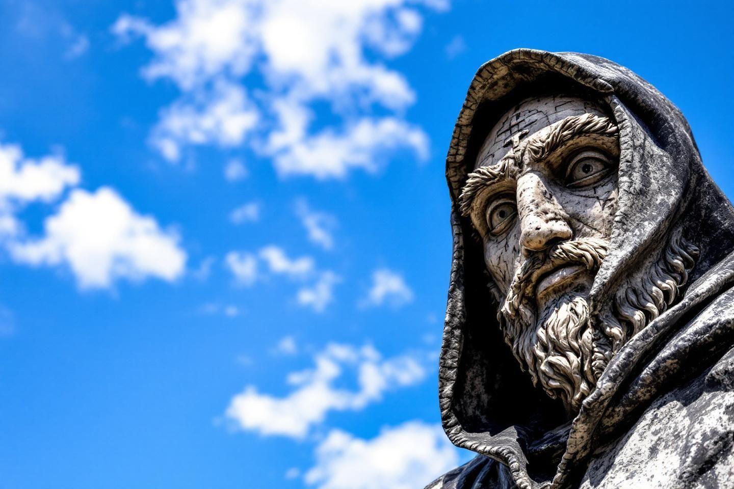 Sculpture détaillée de moine à capuche contre un ciel nuageux