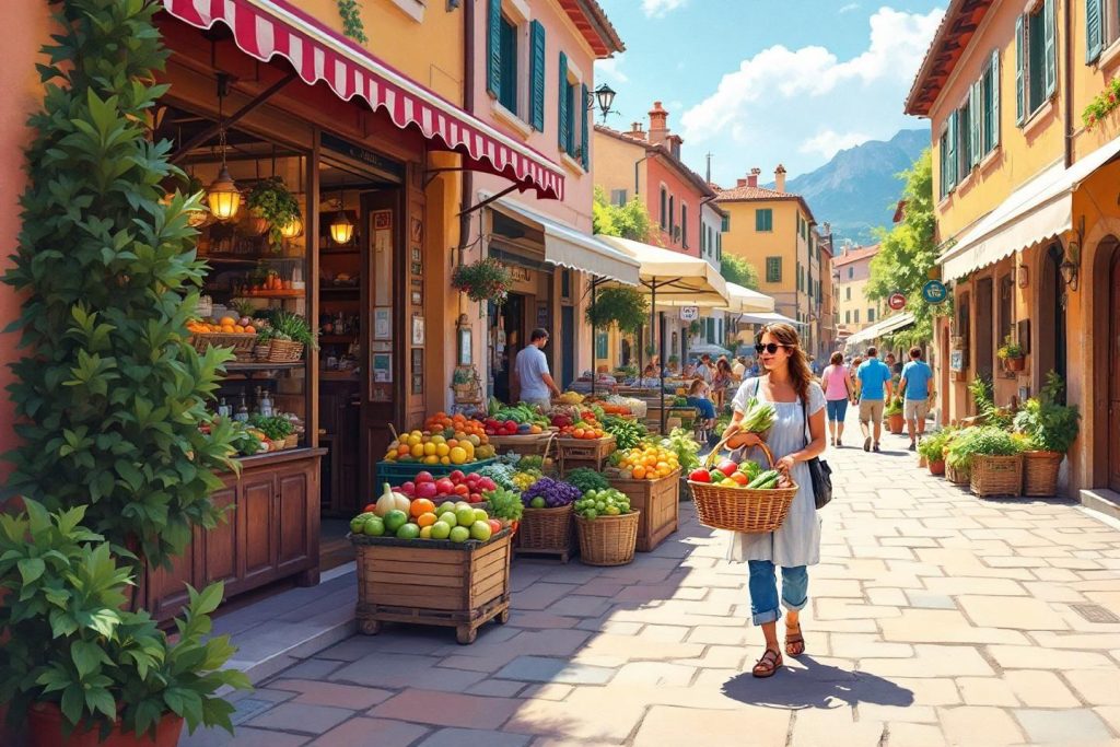 Étalage de fruits dans une rue pittoresque italienne ensoleillée