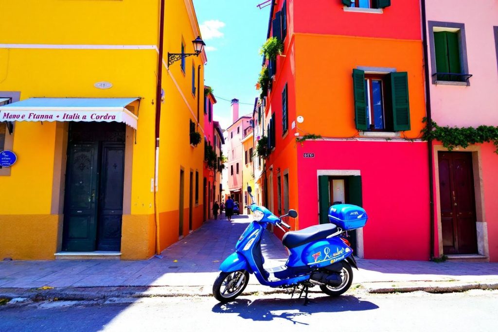 Scooter bleu garé dans une rue aux maisons vivement colorées
