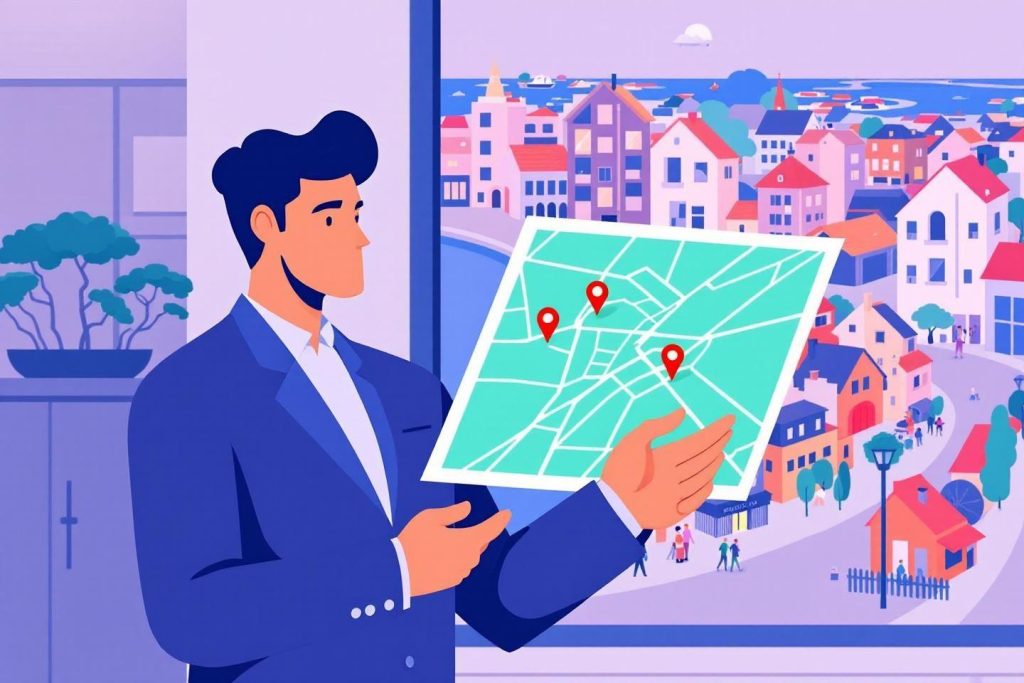 Homme en costume tenant une carte avec des points géolocalisés