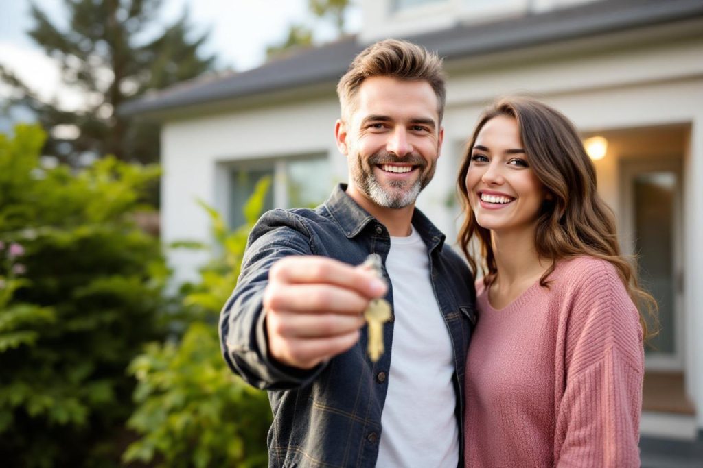 Couple souriant devant une maison, clés à la main