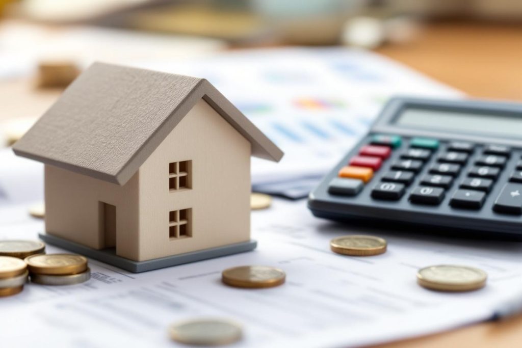 Maison miniature, pièces et calculatrice sur documents financiers