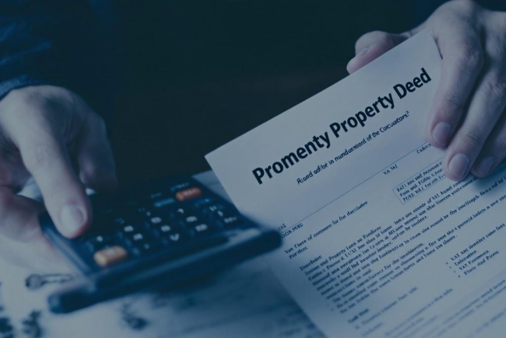 Document de propriété près d'une calculatrice, mains en gros plan