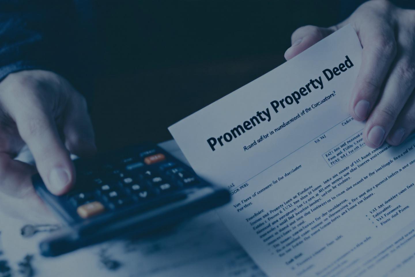 Document de propriété près d'une calculatrice, mains en gros plan