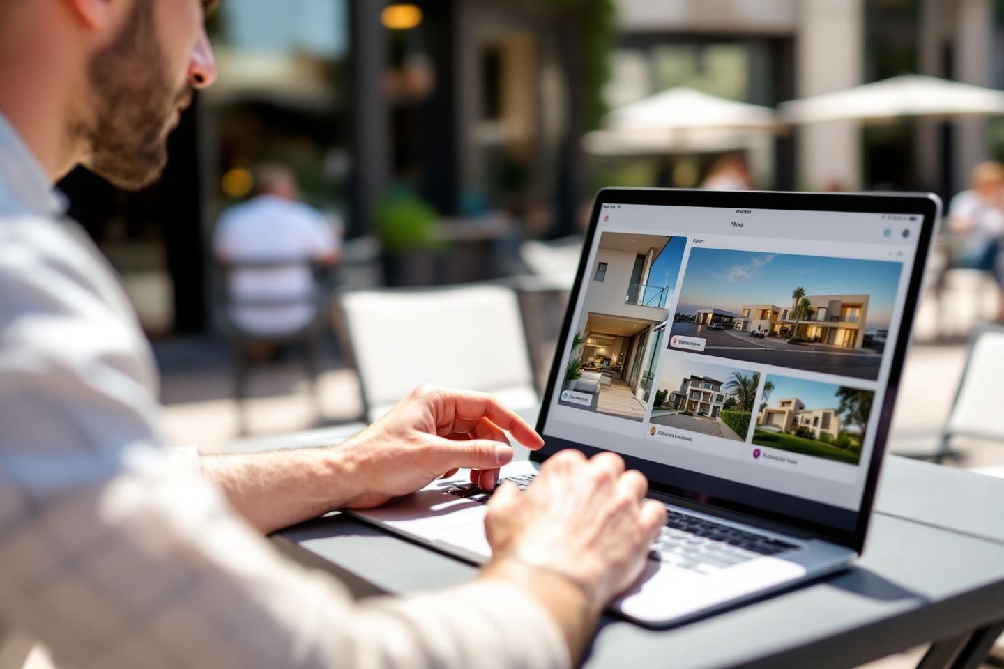 Personne consultant des maisons modernes sur un écran d'ordinateur portable