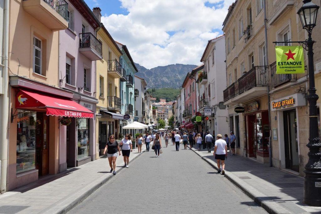 Rue piétonne animée avec commerces et montagnes en arrière-plan