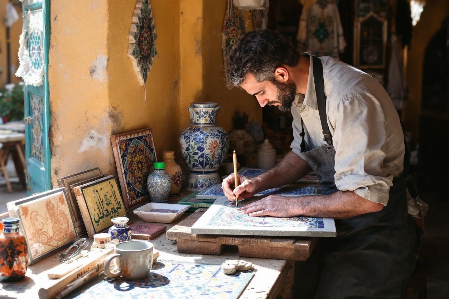 Artisan travaillant sur une céramique décorée dans un atelier