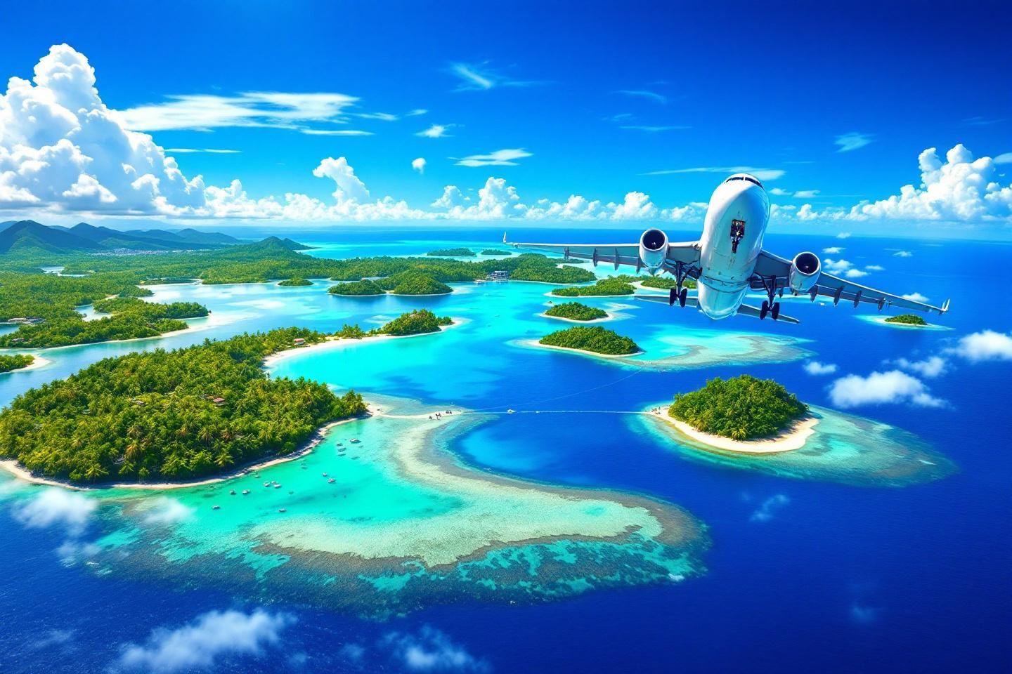 Avion blanc volant au-dessus d'îles vertes dans un océan turquoise