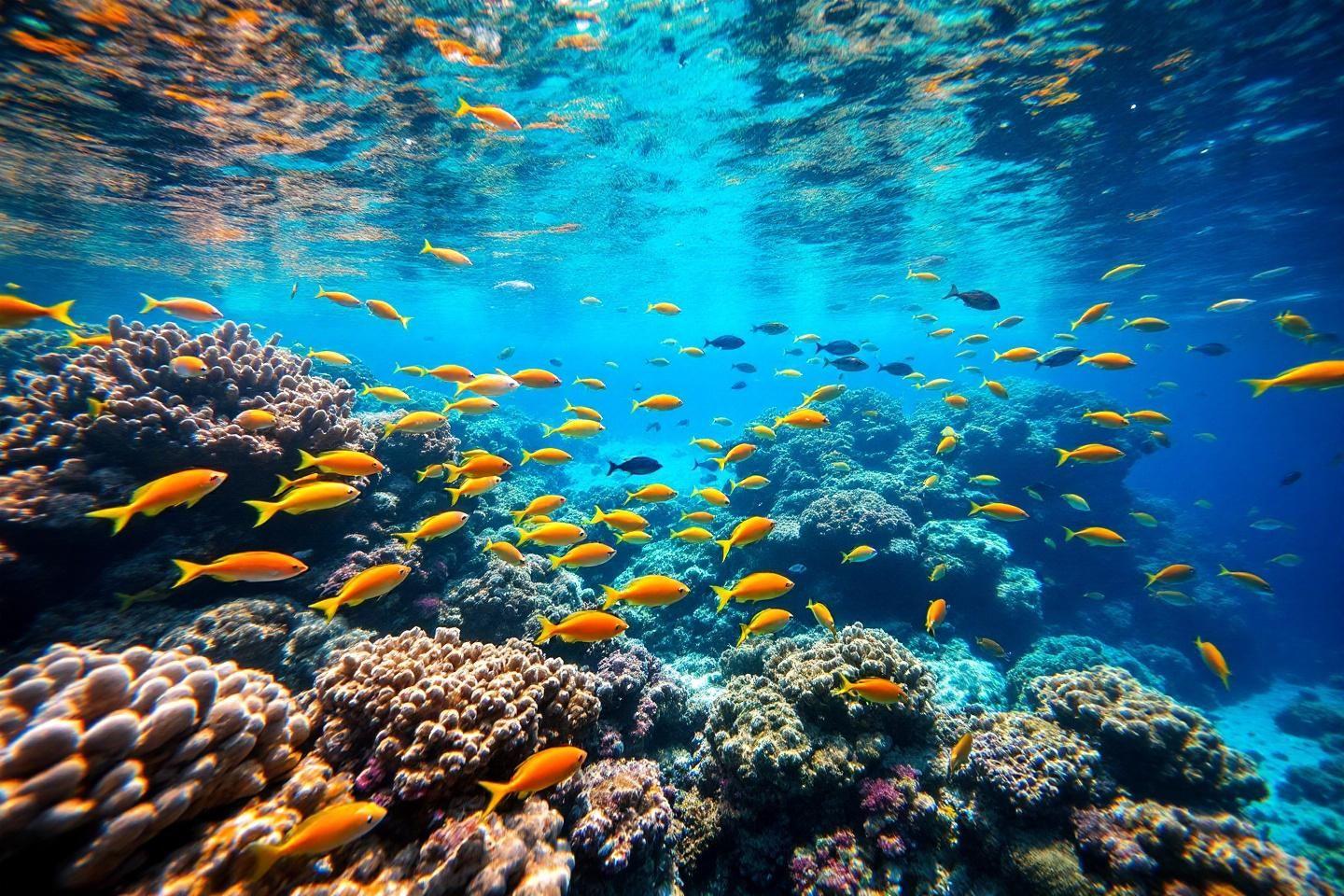 Poissons jaunes nageant autour de récifs coralliens bleus