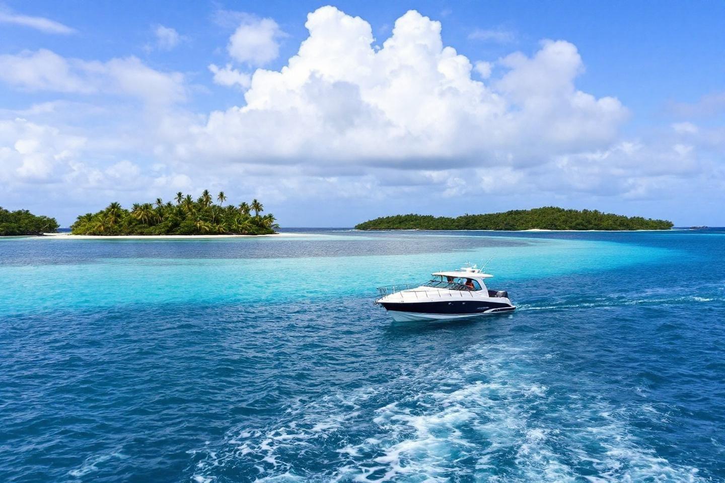 Bateau blanc sur une mer turquoise près d'îles palmiers