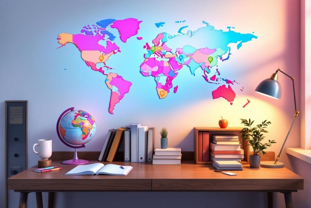 Carte du monde colorée au-dessus d'un bureau avec livres et globe