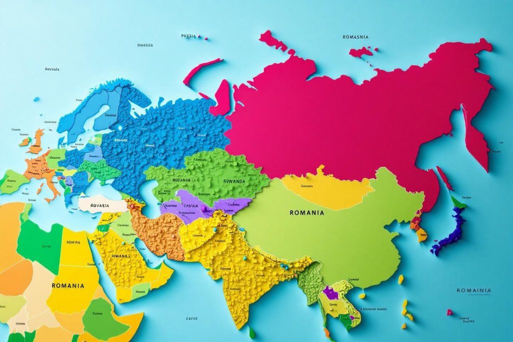 Carte politique stylisée de l'Eurasie avec des couleurs vives