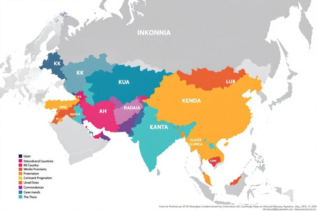 Carte géopolitique avec zones colorées représentant différentes régions