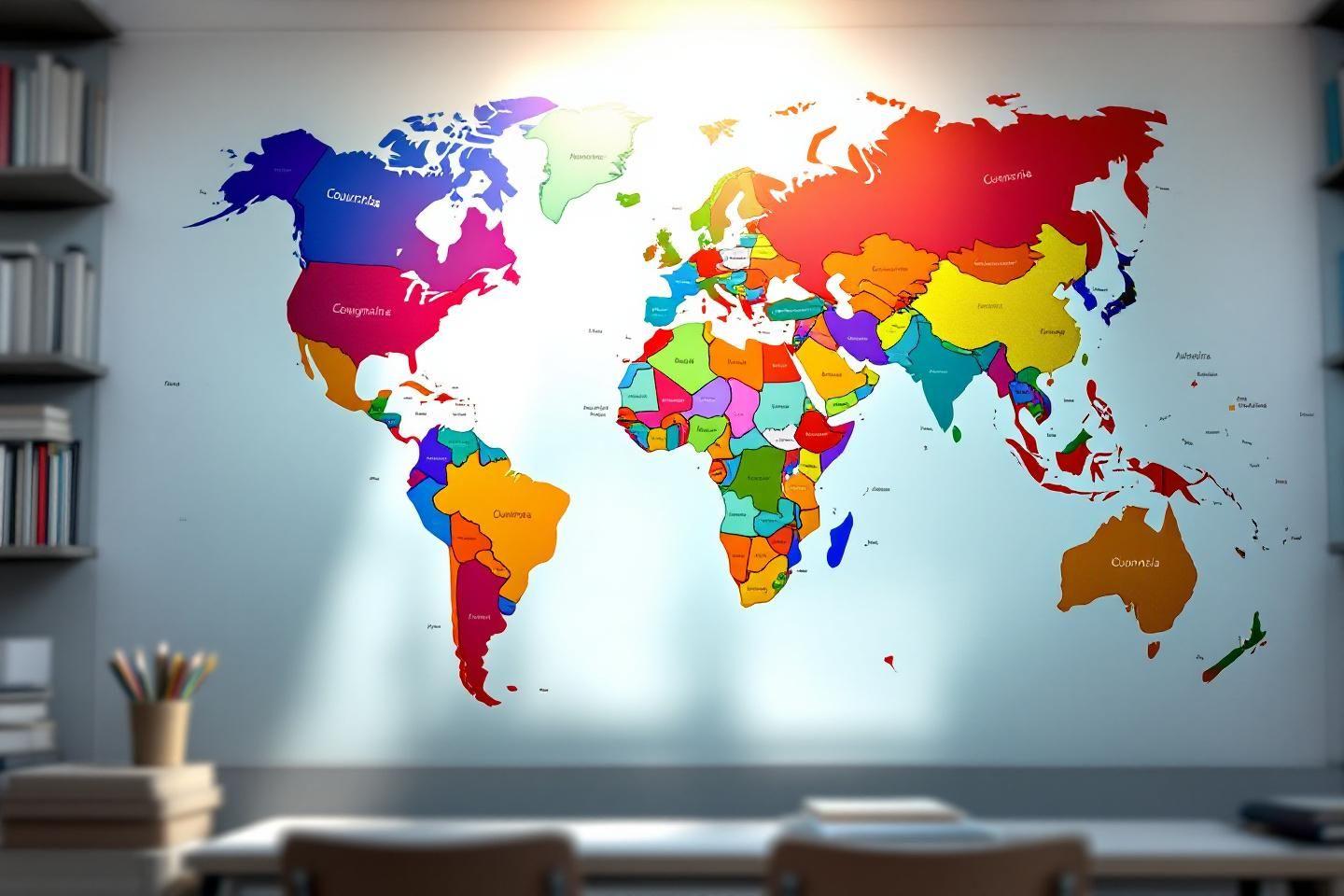 Carte politique mondiale multicolore sur un mur blanc