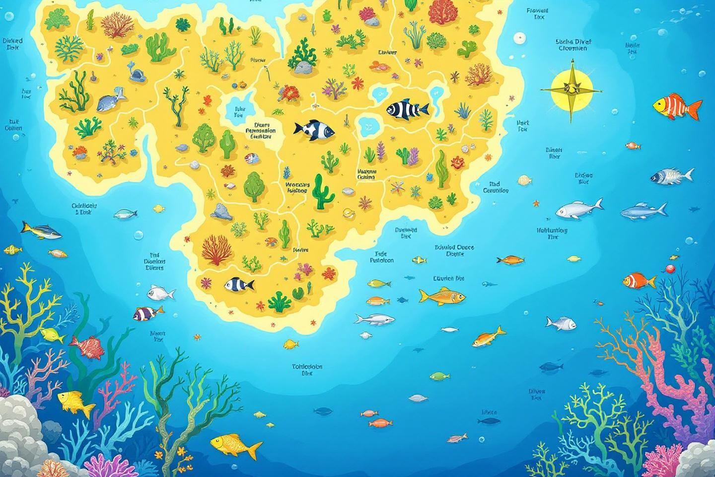 Illustration d'une île et de ses fonds marins peuplés