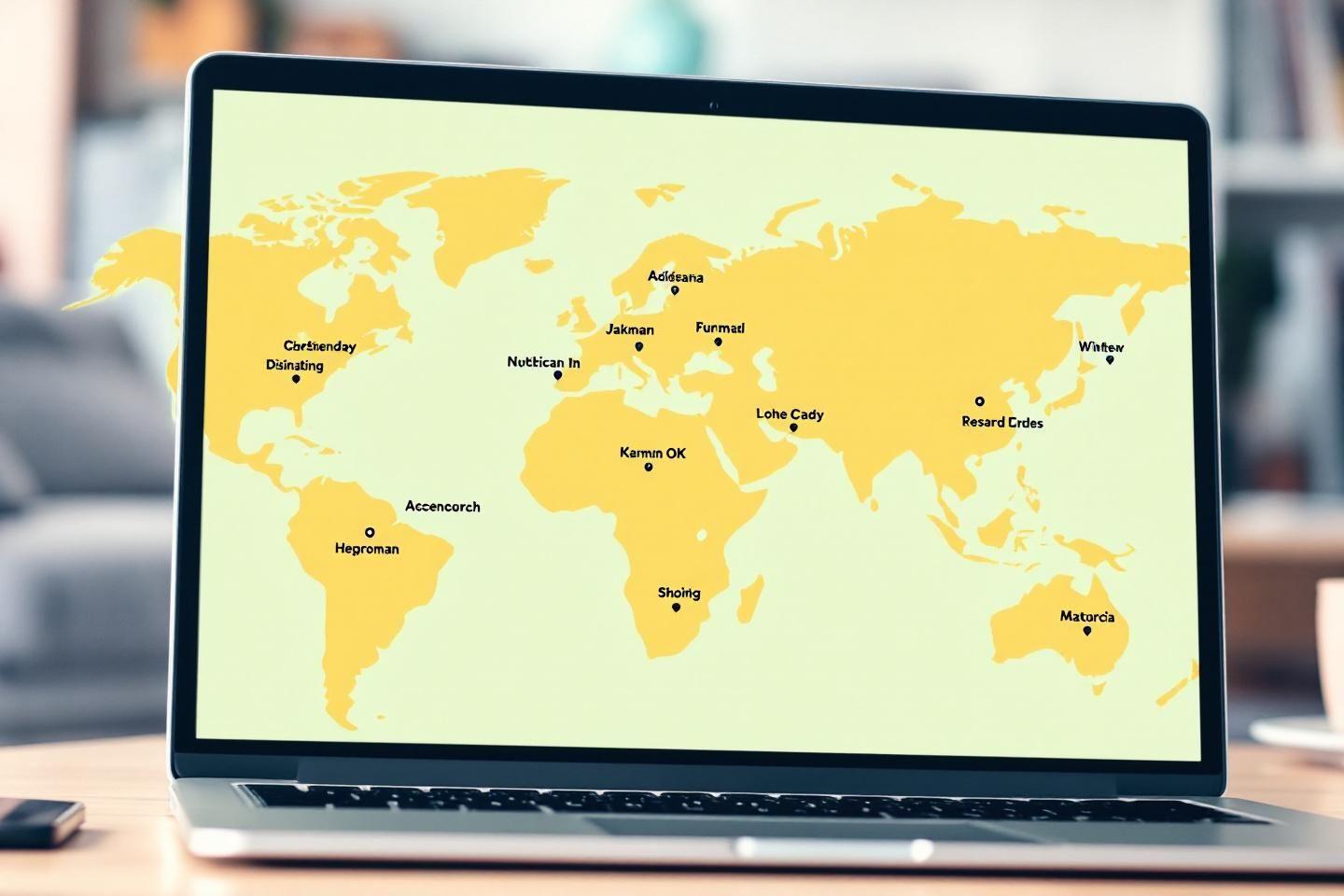 Écran d'ordinateur affichant une carte du monde jaune et vert
