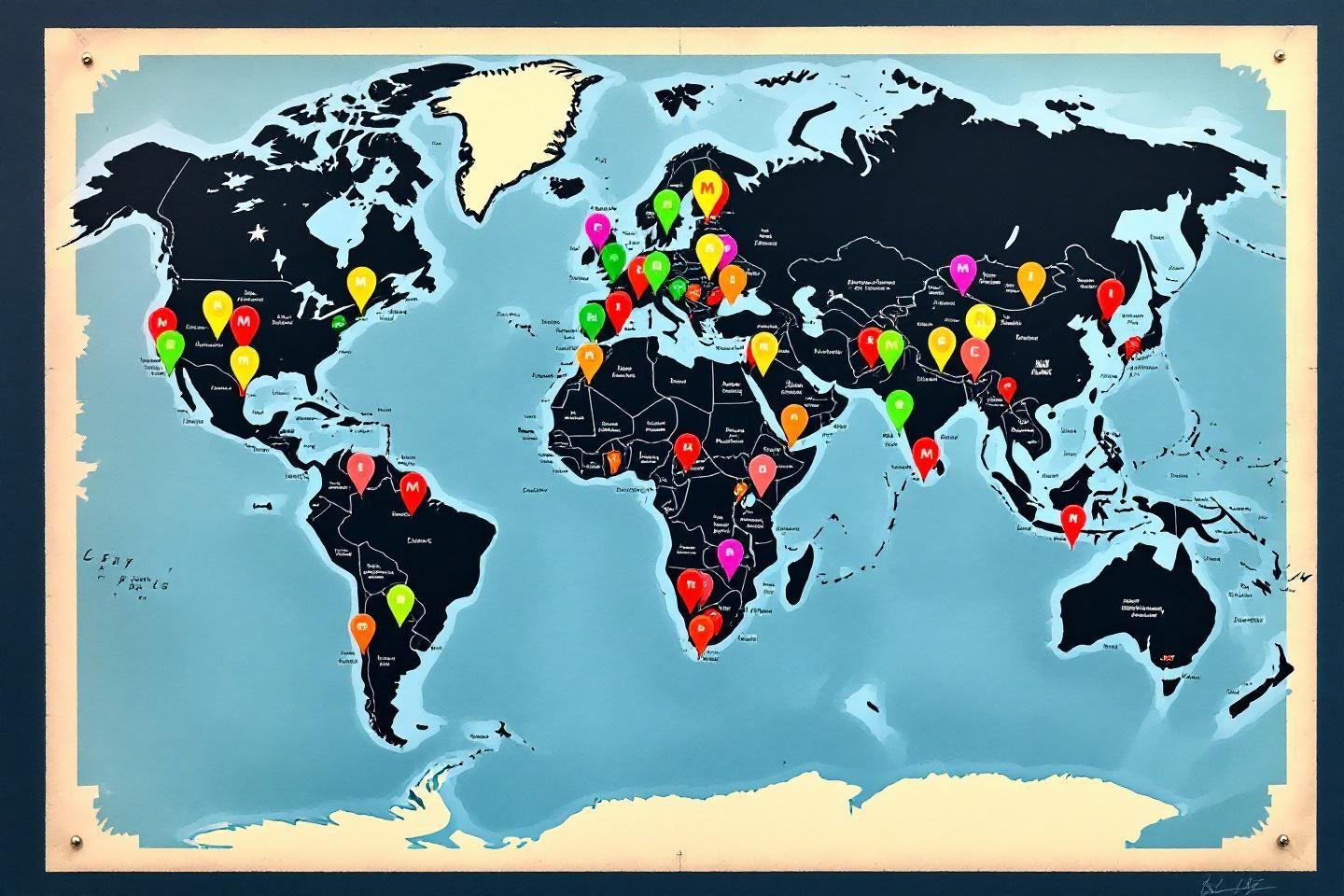 Carte du monde noir et bleu avec des marqueurs géographiques colorés