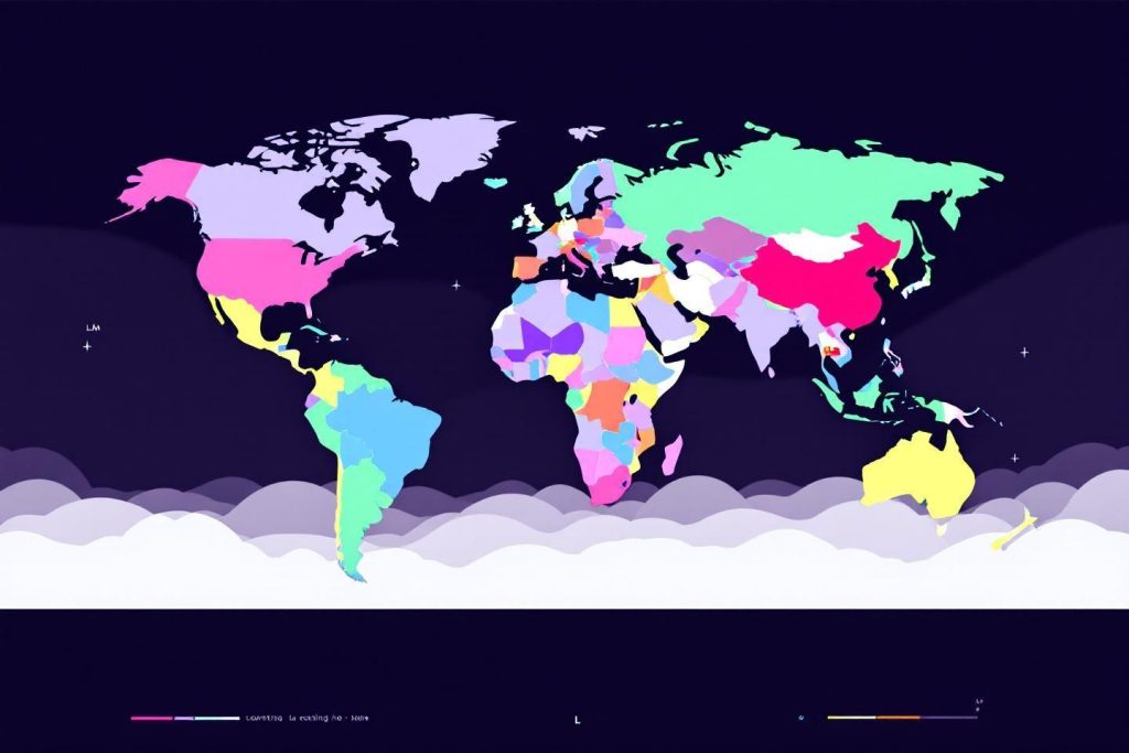 Carte du monde avec des pays colorés sur fond sombre