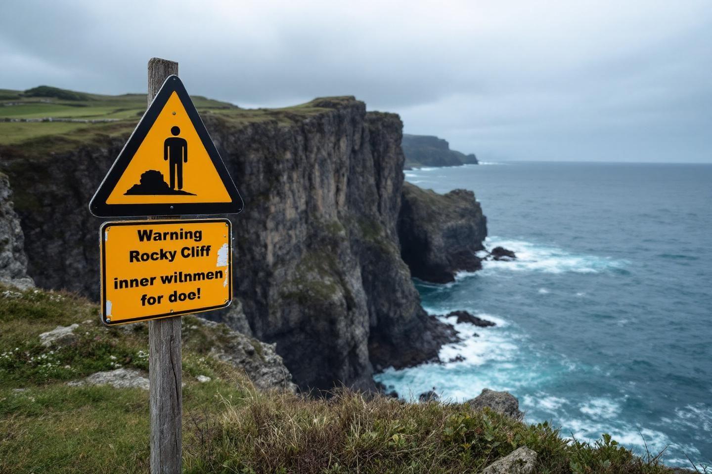 Panneau d'avertissement jaune devant des falaises abruptes surplombant la mer