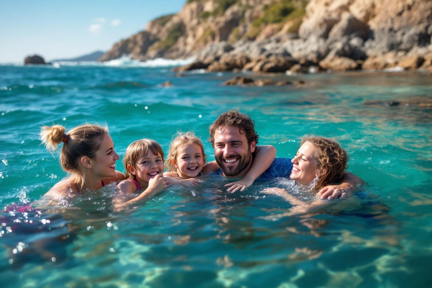 Famille dans l'eau turquoise avec des rochers en arrière-plan