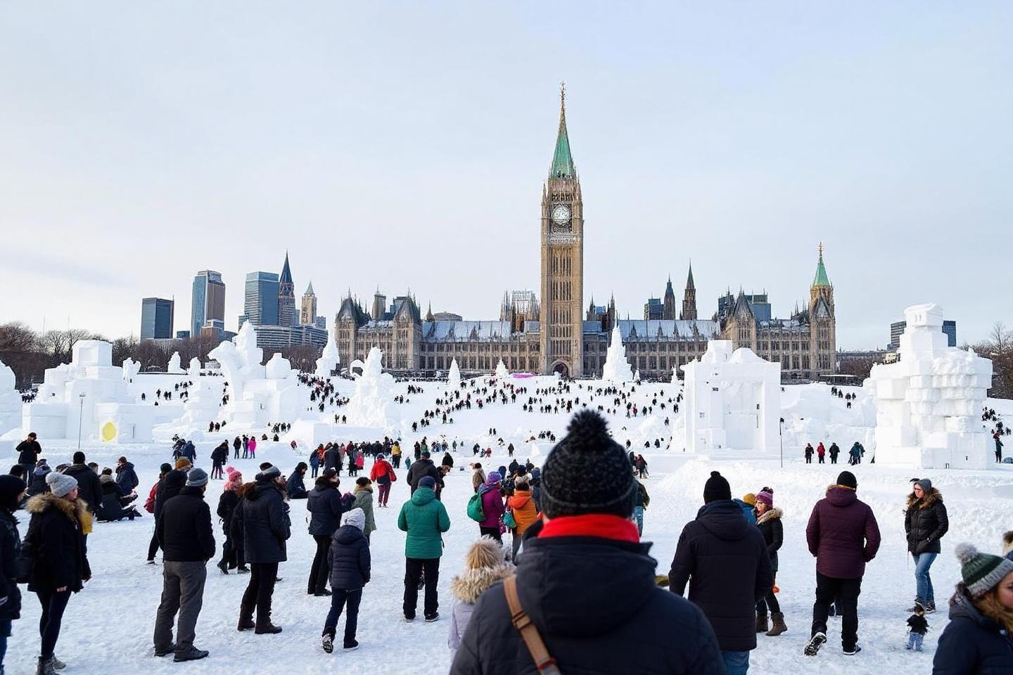 Foule devant le Parlement enneigé à Ottawa