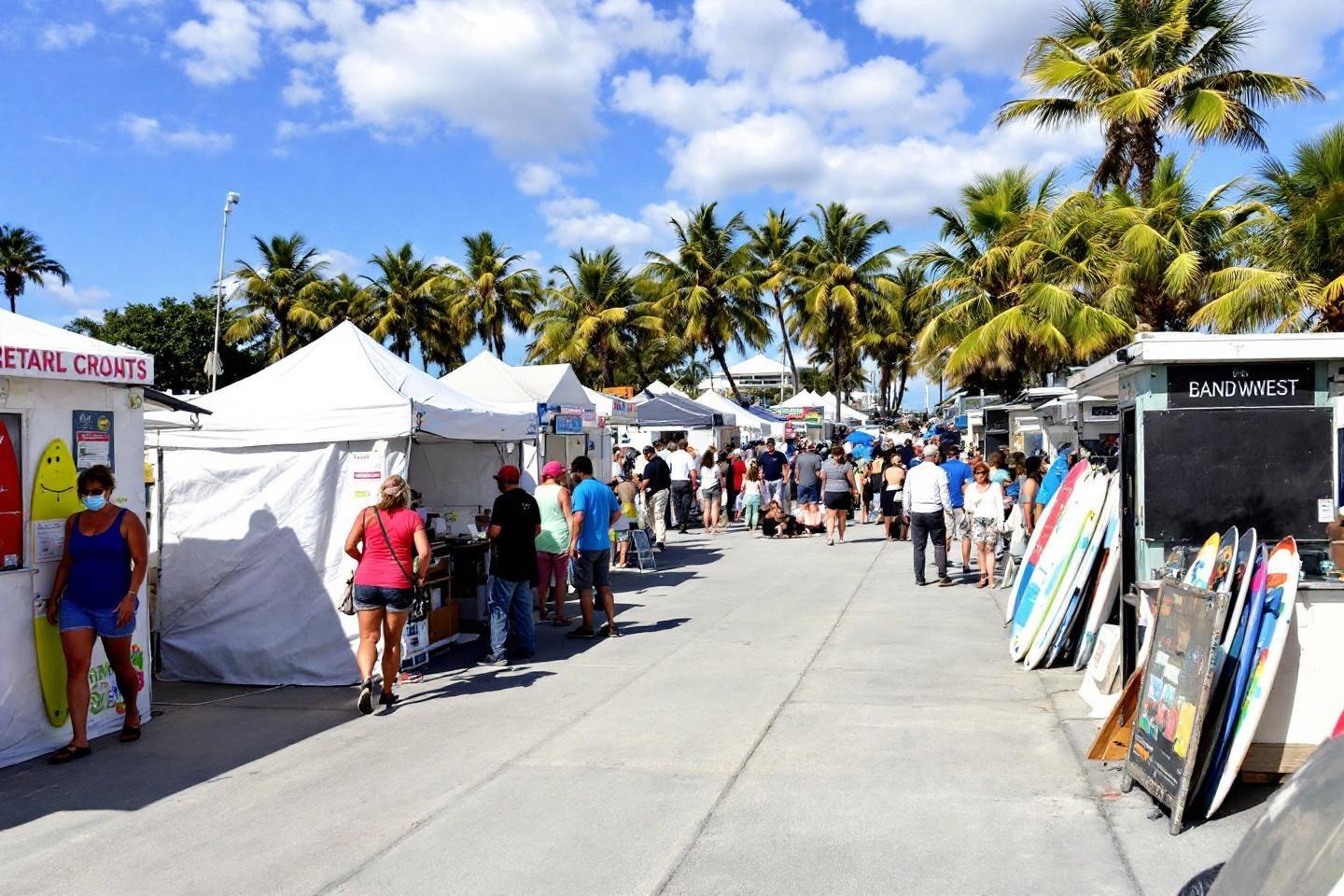 Stands blancs et surfboards avec palmiers et ciel bleu