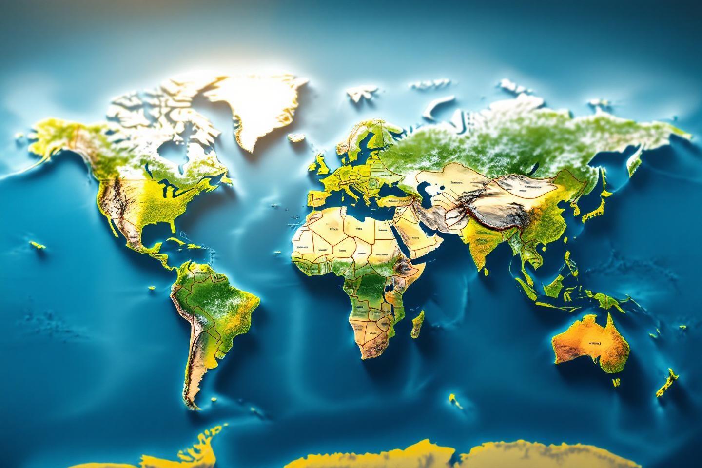 Carte du monde en relief avec océans bleus et continents colorés