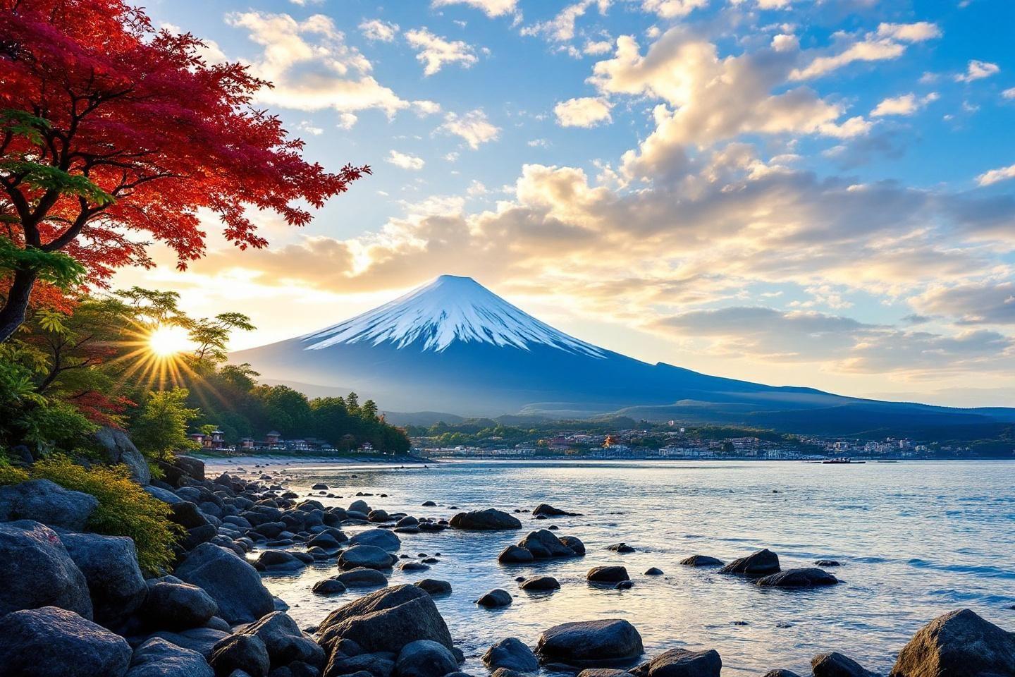 Mont Fuji enneigé, lac paisible, arbres rouges au soleil