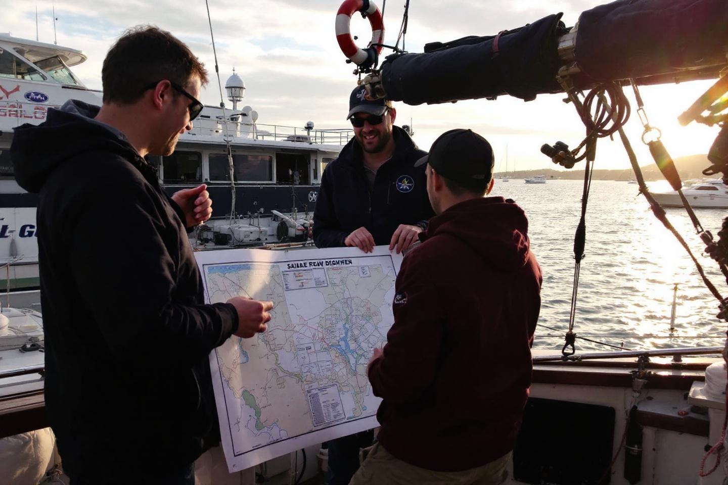 Marins consultant une carte marine sur un bateau