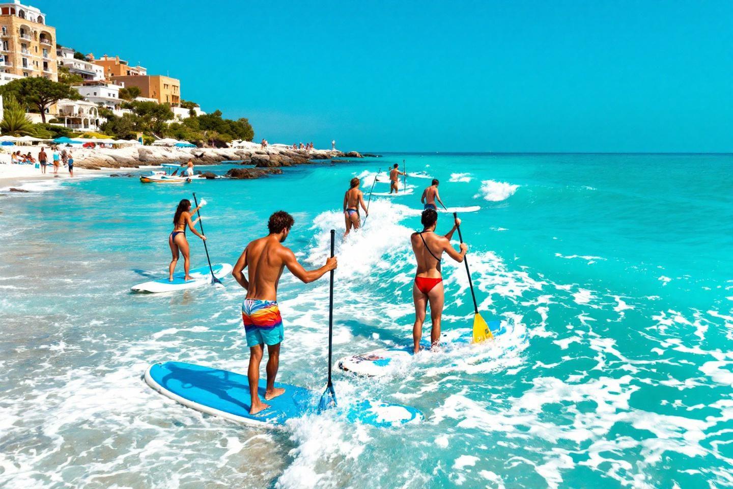 Groupe de personnes faisant du paddle sur une mer turquoise