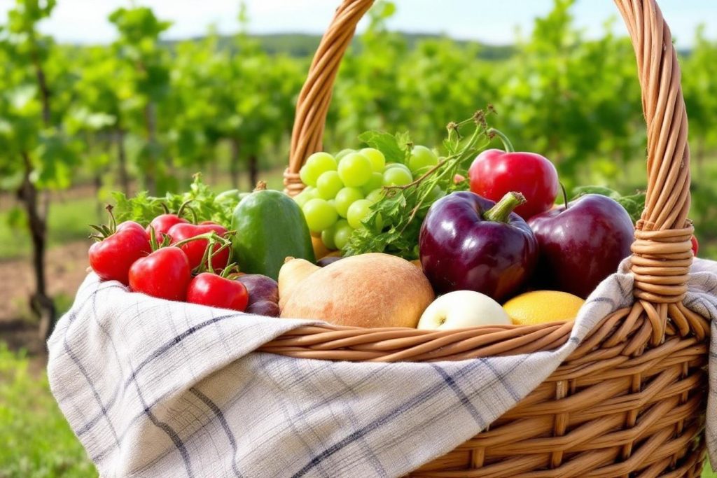 Panier en osier rempli de fruits et légumes colorés