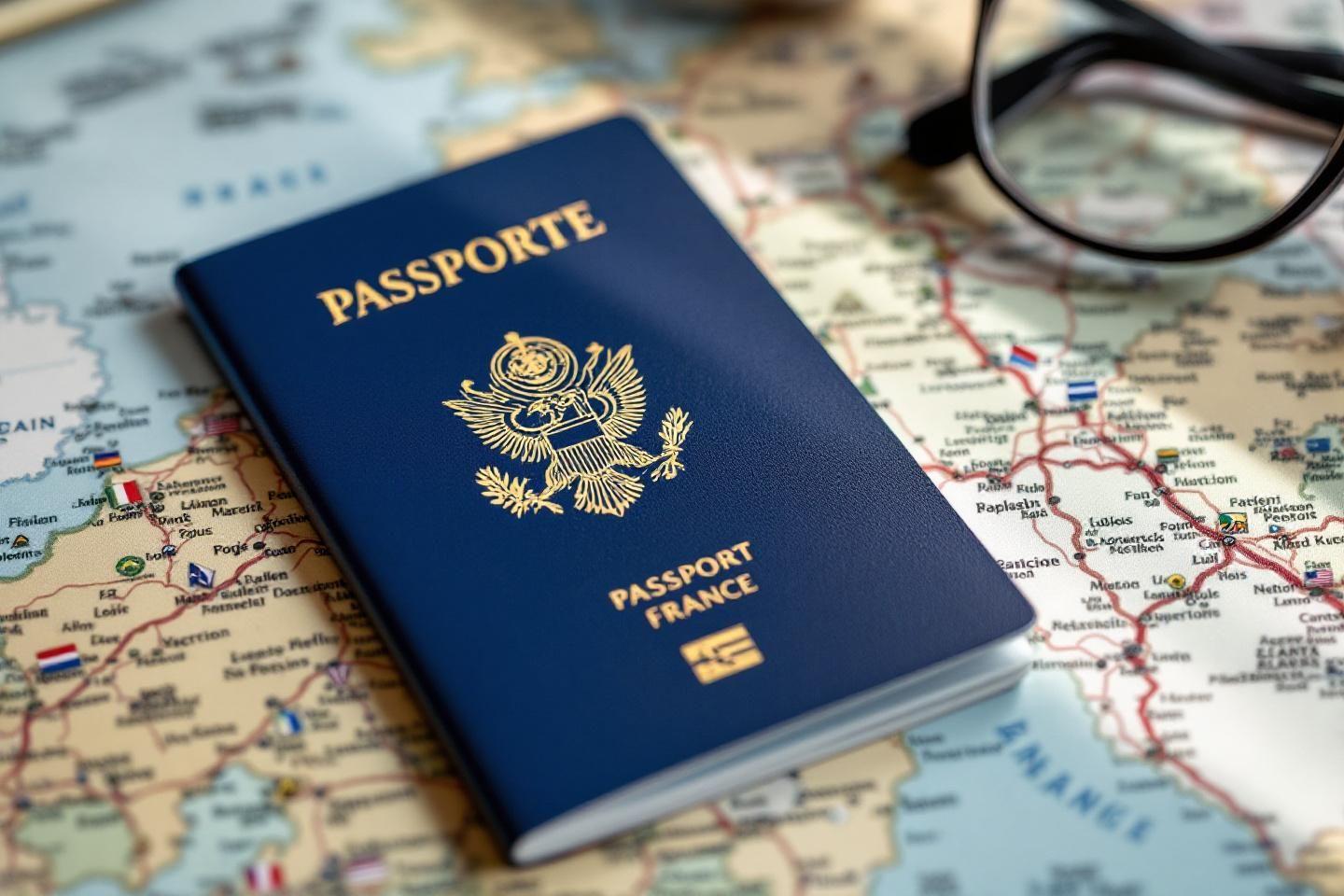 Passeport bleu fran&ccedil;ais pos&eacute; sur un atlas g&eacute;ographique