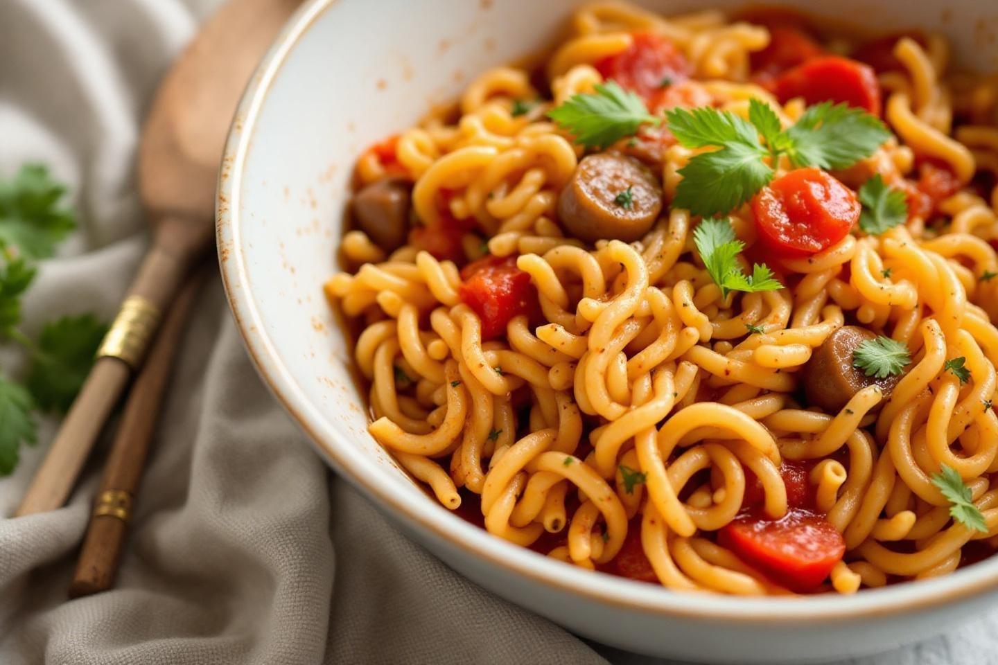 Plat de pâtes colorées avec saucisses, tomates et herbes fraîches