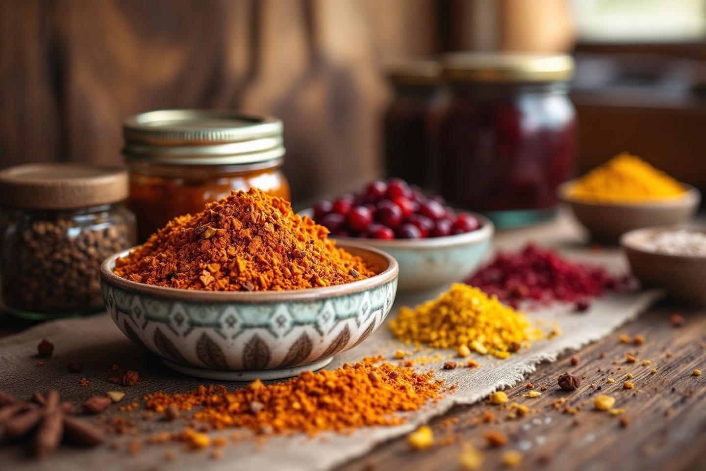 Tas d'épices orangées et rouges dans des bols décoratifs