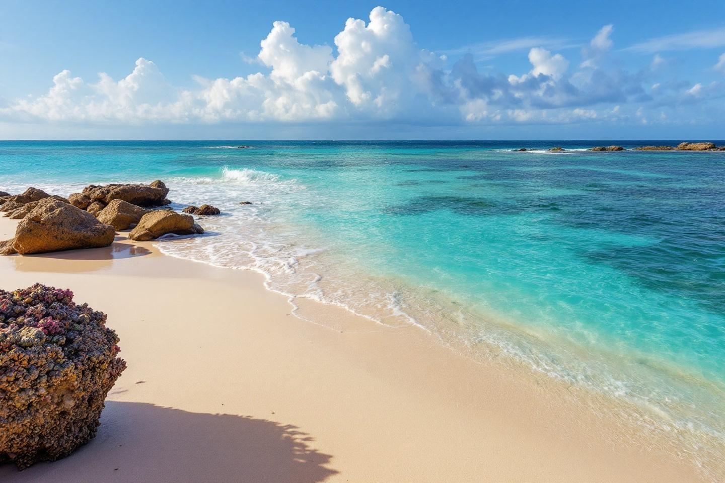 Rochers sur sable blanc et mer turquoise lumineuse