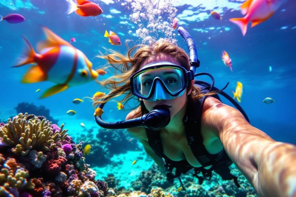 Plongeur sous-marin entouré de poissons tropicaux et de coraux