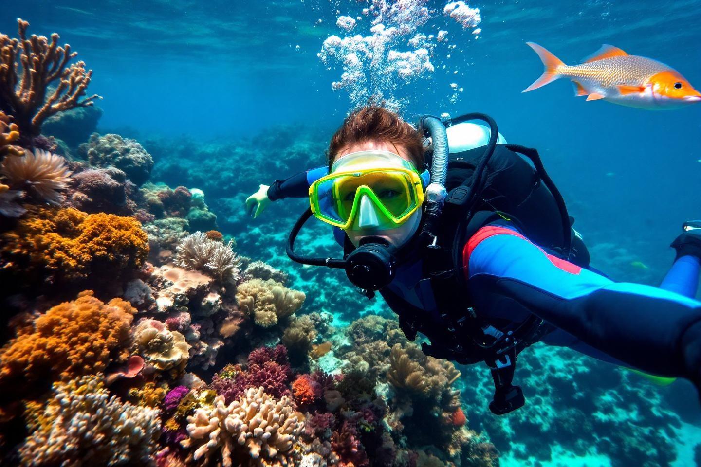 Plongeur explorant un récif corallien coloré avec un poisson