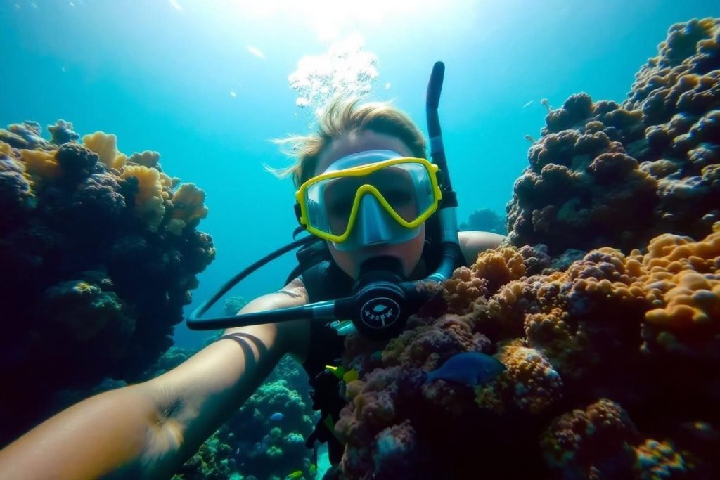 Plongeur avec masque jaune explorant un récif coloré sous-marin
