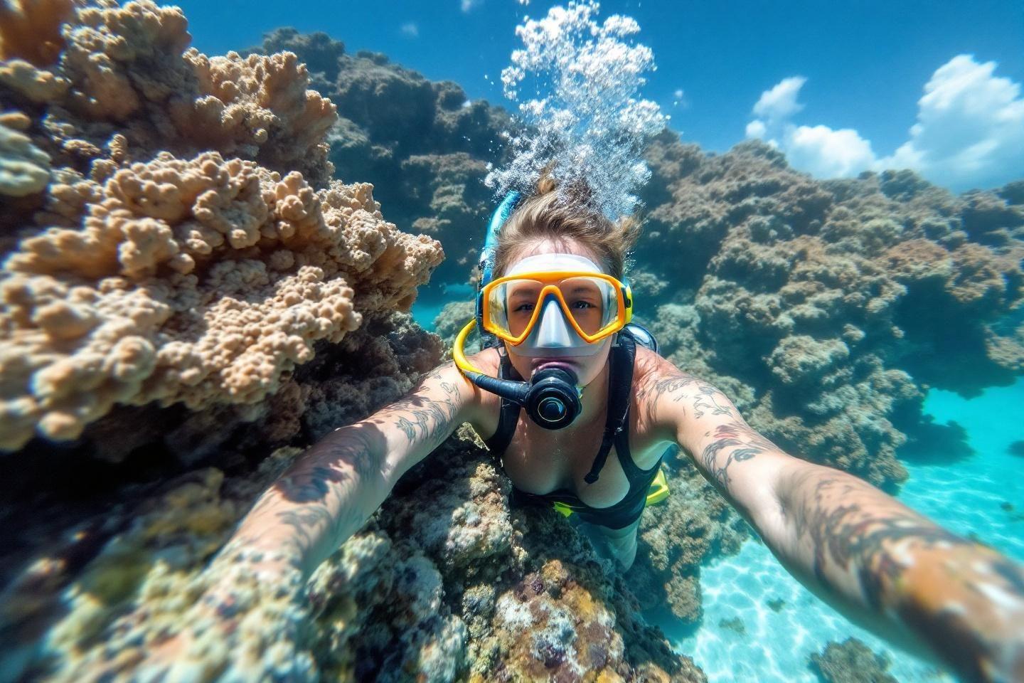 Plongeur avec masque jaune explorant un récif corallien sous-marin