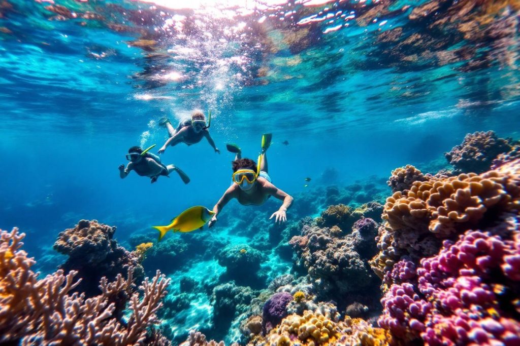 Plongeurs explorant un récif corallien vibrant sous-marin