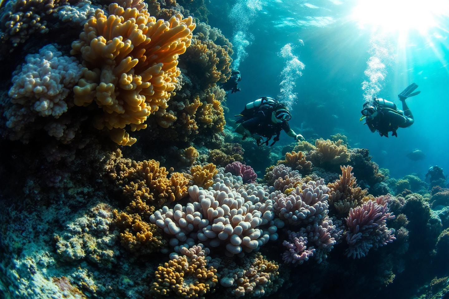 Scaphandriers près de coraux colorés dans les profondeurs marines