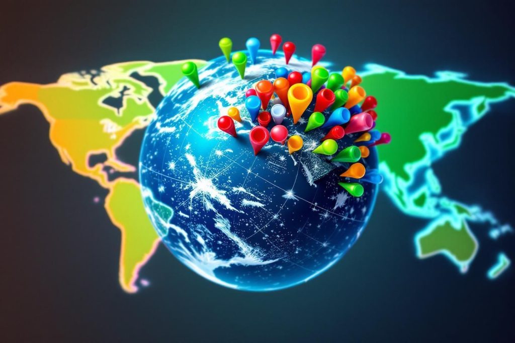 Globe terrestre avec épingles colorées sur fond de carte