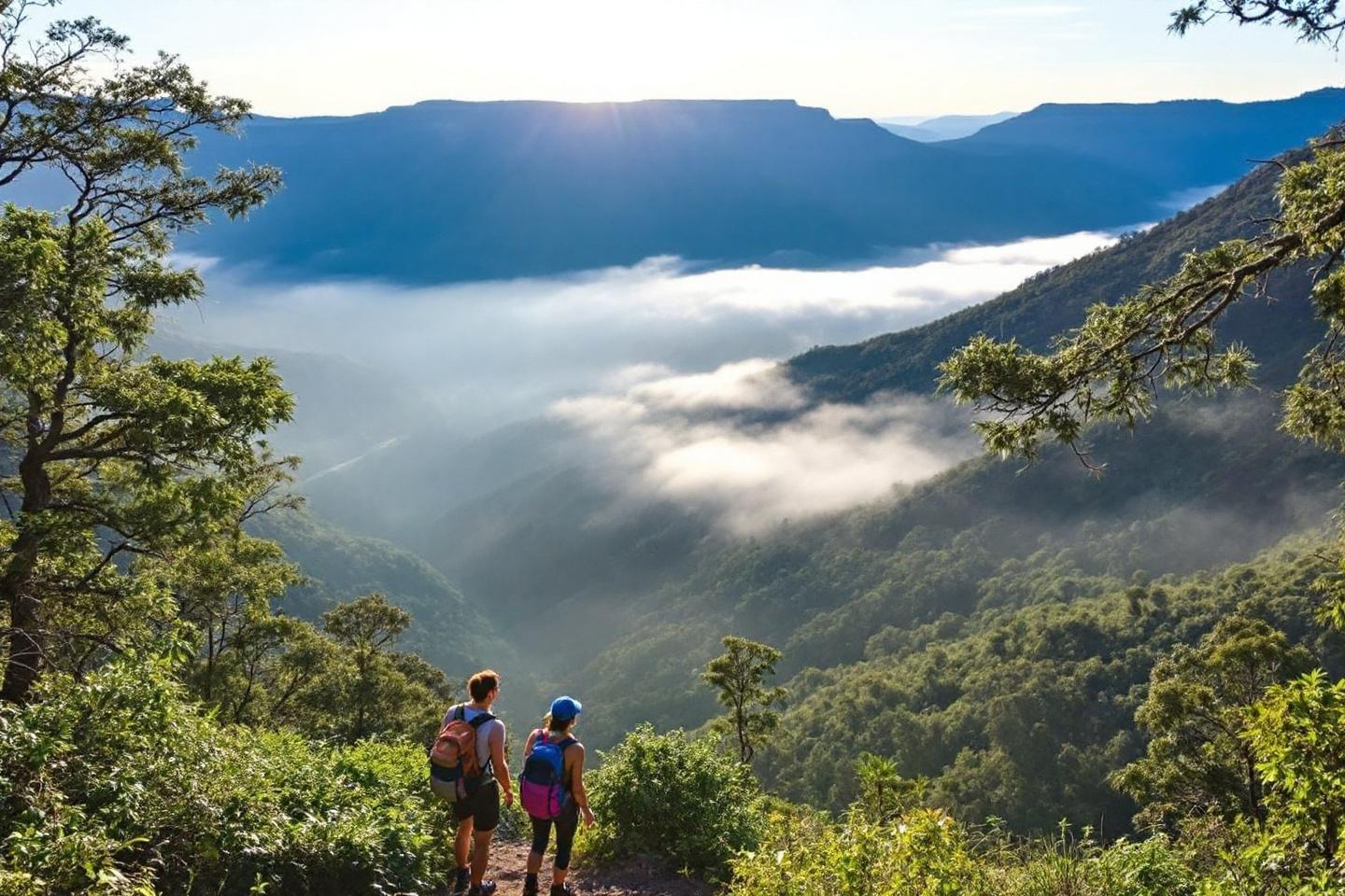 Deux randonneurs face à une vallée brumeuse et montagneuse