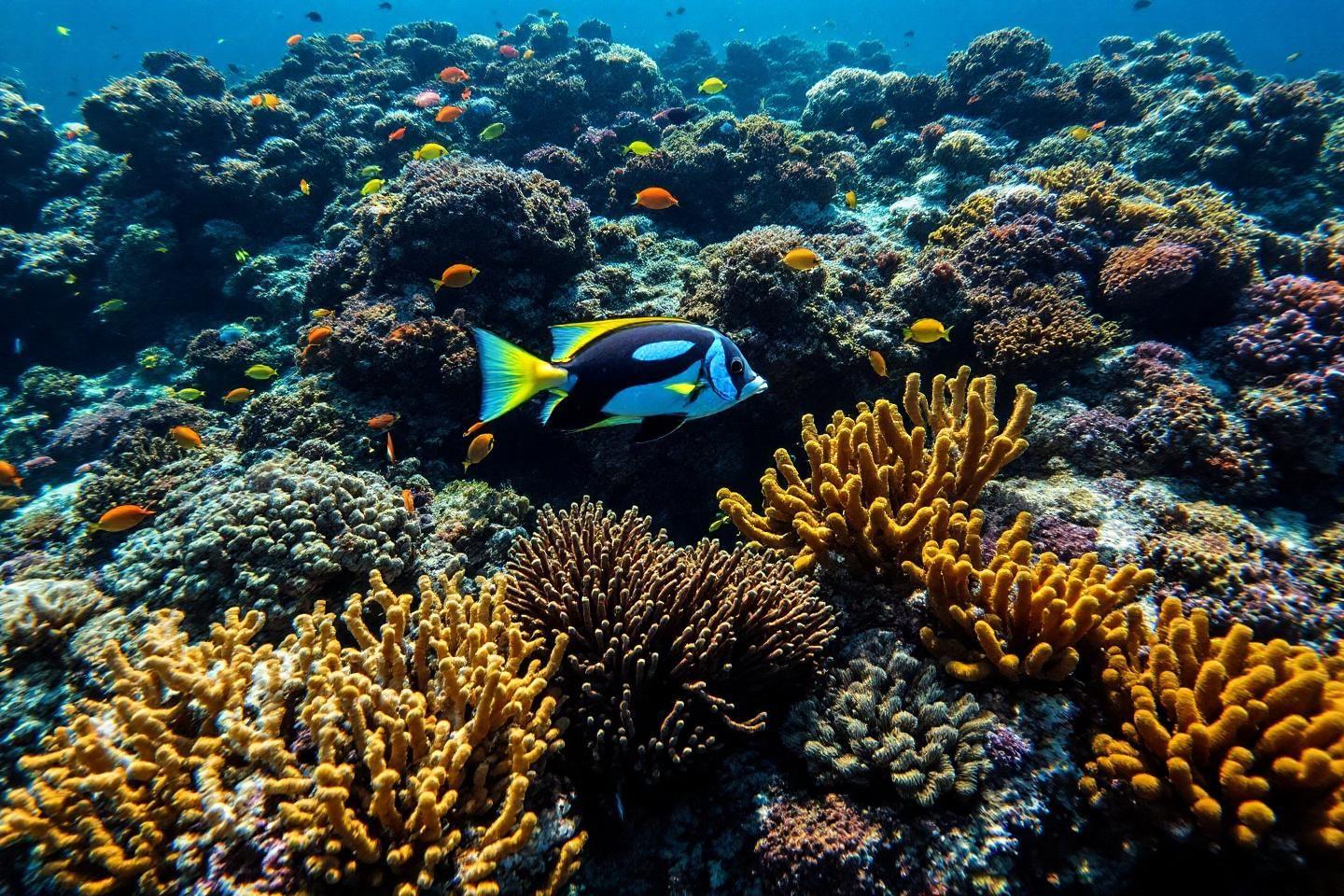 Poissons colorés nageant près de coraux jaunes et bleus