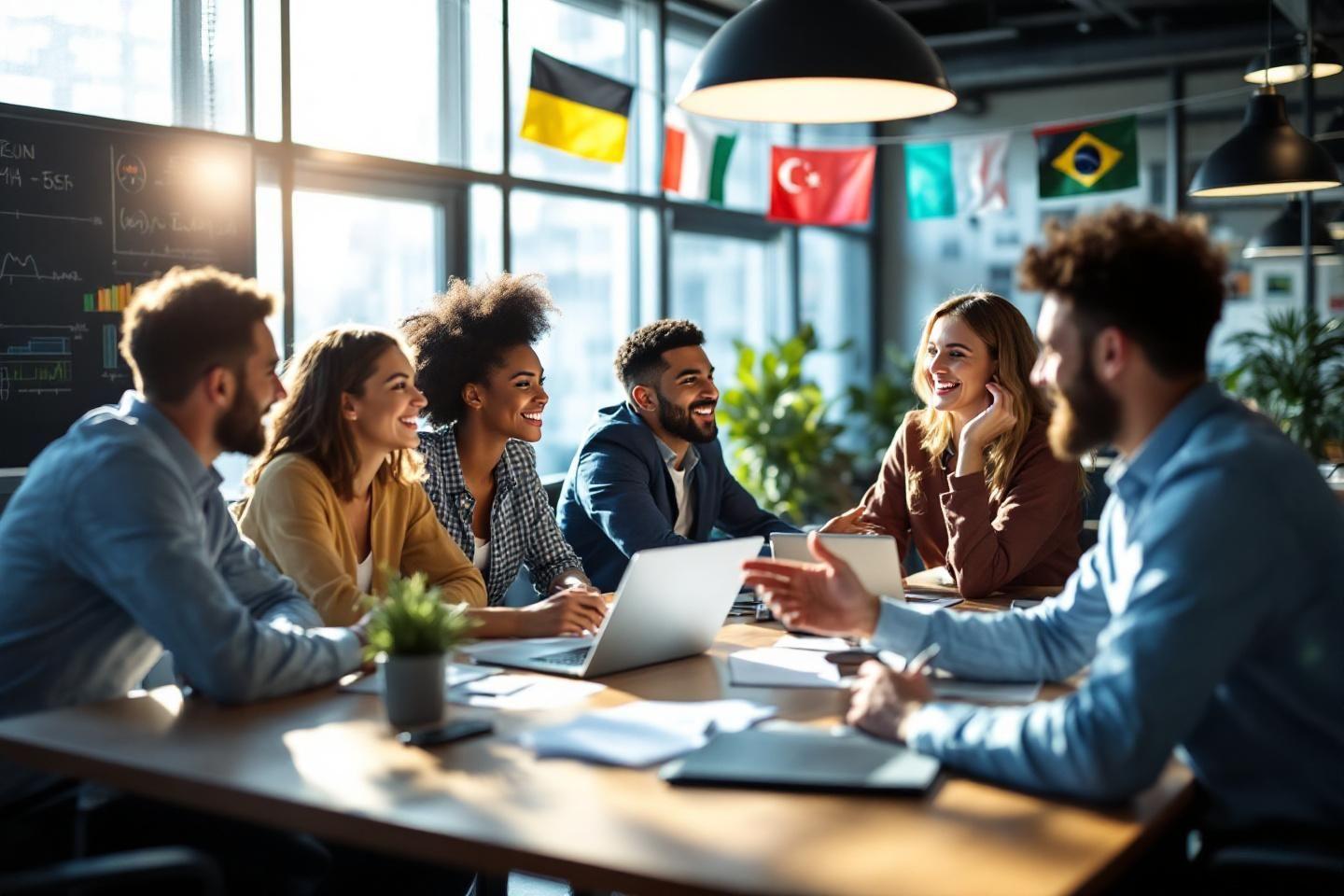Équipe internationale souriante autour d'une table de travail