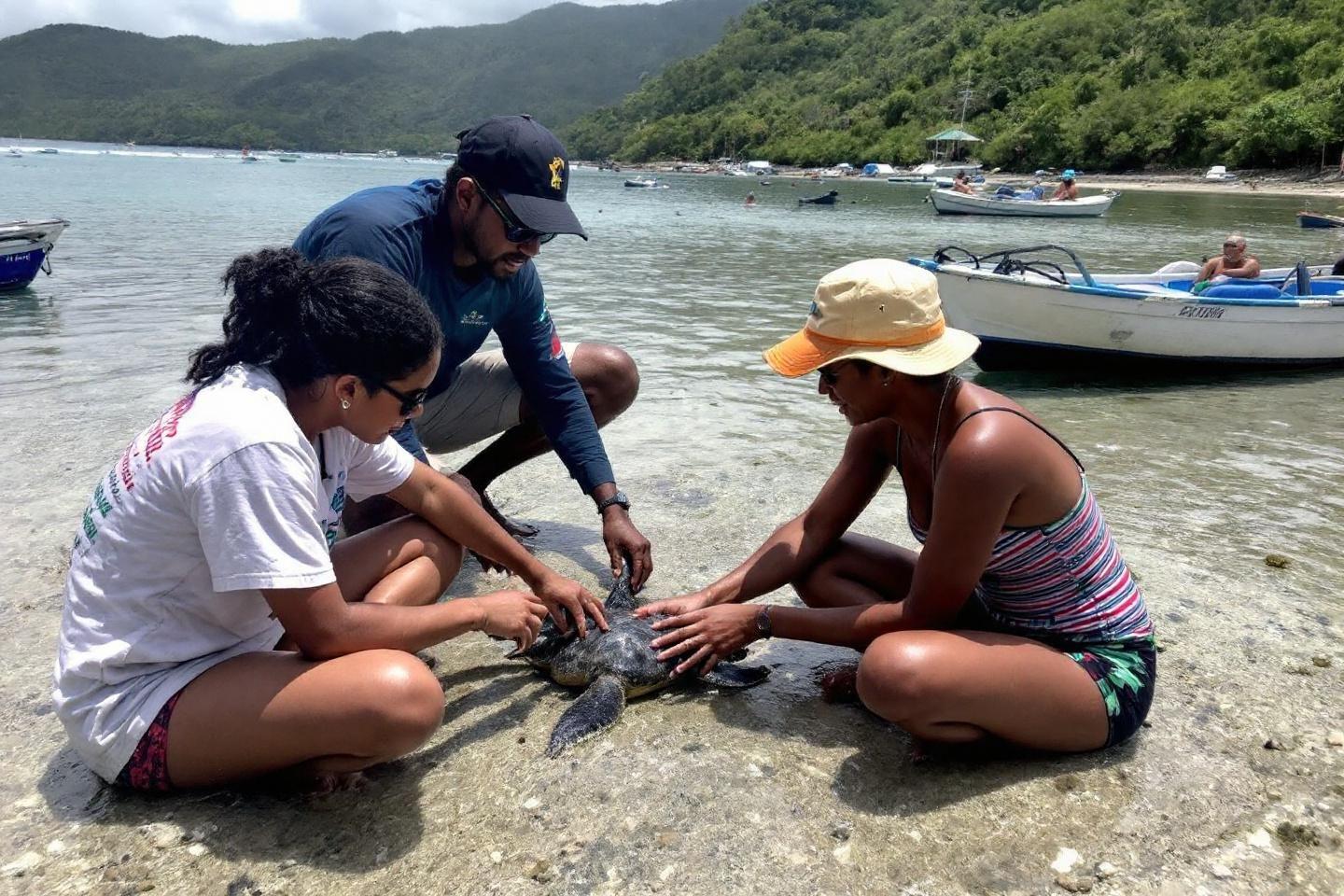 Trois personnes examinant une tortue marine sur la plage